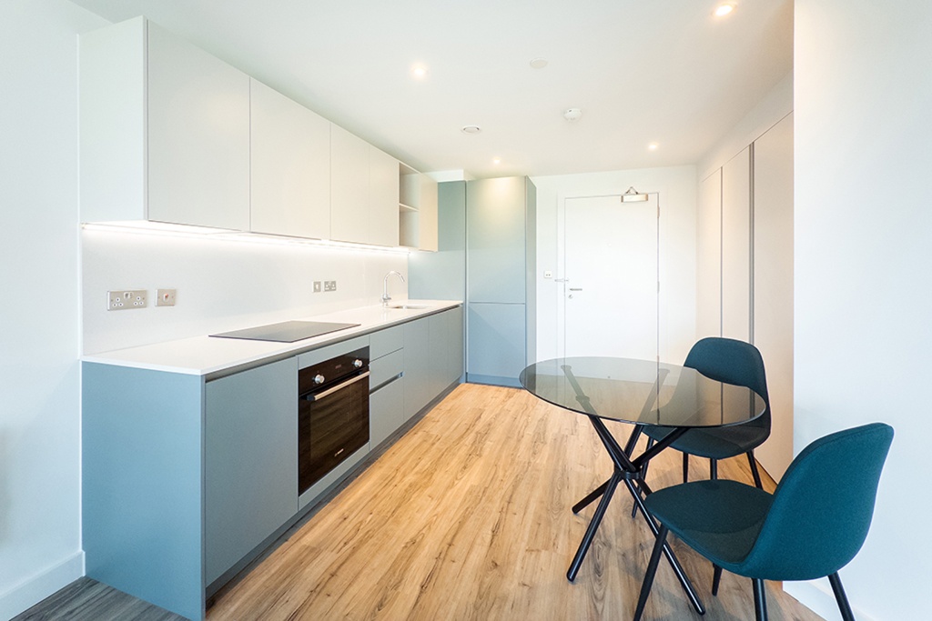 Kitchen and dining area in the Middlewood Locks apartment